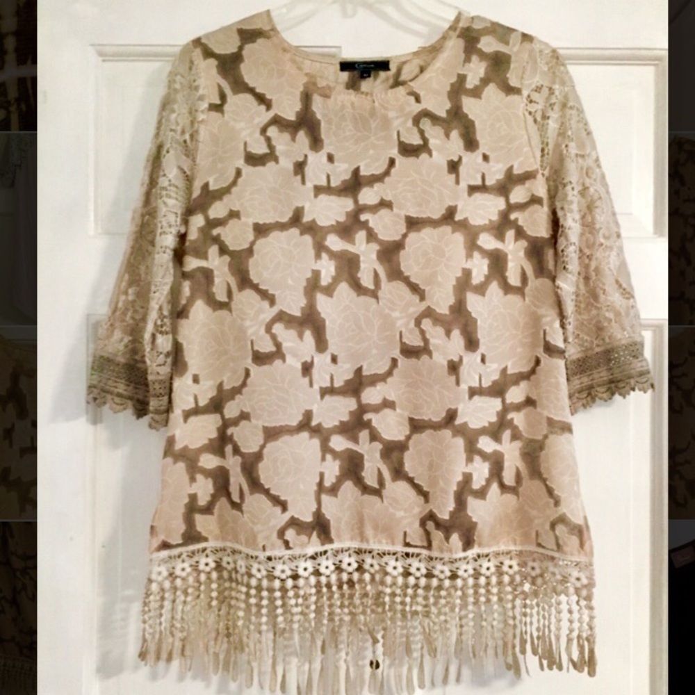 Catina Brown & Tan Floral Sheer Top w/Fringe Hem M